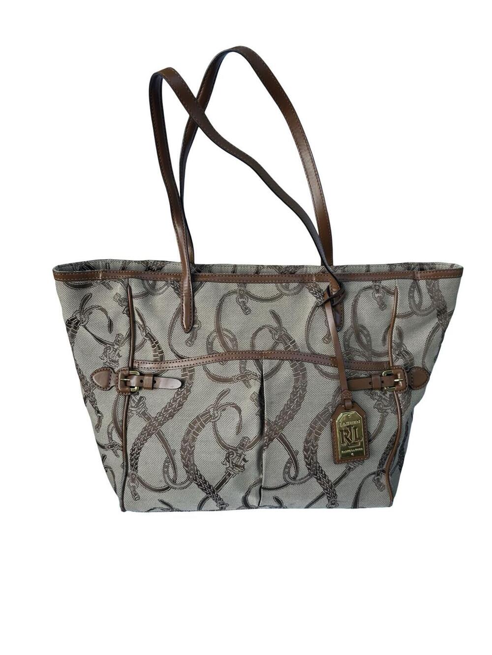 Lauren‎ Ralph Lauren Equestrian Print Tote Bag Brown Canvas RL Charm